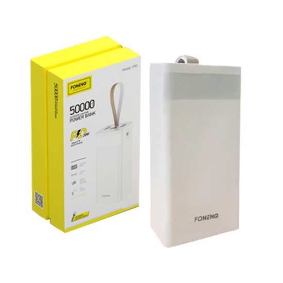 POWER BANK FONENG P50 COM 5 SAÍDAS E LUZ DE FLASH 50000MAH 20W BRANCO